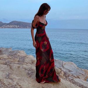 Casual Dresse Sexy Boho Floral Holiday Long Maxi Dress Summer Evening Party Mesh Sundress Vacation Spaghetti Strap Abiti Aline Robes 230130