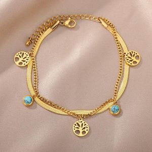 Braccialetti a maglie Bracciale albero della vita tondo in acciaio inossidabile per donna Uomo Pulseras per gioielli a catena a doppio strato regolabile color oro