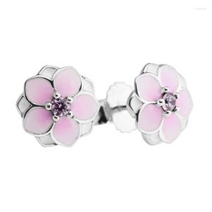 Stud Earrings Magnolia Bloom For Women 925 Sterling Silver Jewelry Pink CZ Flower Crystal Jewellery