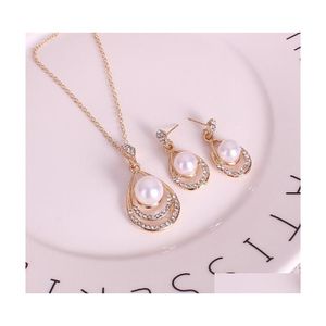 Earrings Necklace Fashion Pearl Jewelry Set Women Wedding Crystal Drip Shape Pendant Sier Necklaces Dangle Earring For Ladies Brid Dhkcf