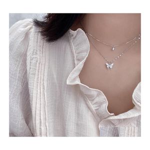 Pendant Necklaces Plated Sier Butterfly Necklace For Women Double Layer Clavicle Chain Shiny Cz Dainty Gifts Party Jewelry 20220228 Dhlrb