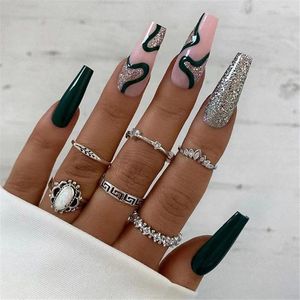 Unghie finte Ballerina lunga Falso Set stampa su punte per unghie bara francese verde scuro con disegni Manicure indossabile