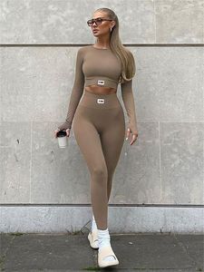 Calças femininas de duas peças conjunto de fitness esportivo feminino manga longa corte fino tops cintura alta calça bodycon feminina roupas streetwear