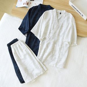 Mäns sömnkläder japansk stil män kimono pyjamas set vår sommar bomull loungewear pijamas kostym lösa enkla ränder ångande kläder