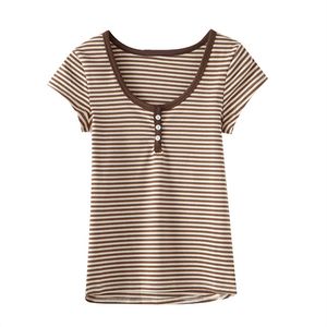 Maglietta da donna PUWD Dolce ragazza a righe in morbido cotone Maglietta Estate Moda Donna Slim O Collo Streetwear T-shirt Vintage Donna Chic Top 230130