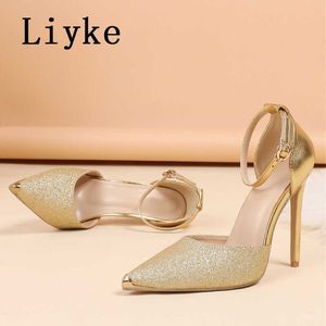 Golden Glitter Sequined Women Pumps Elegant Thin High Heels Spring Summer Fashion Ankle Strap Party Wedding Bridal Shoes 0129