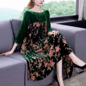 Casual Dresses Velvet Dres Mom's Loose Maxi Robe Long Sleeves Printing Winter Party Vestidos 230130