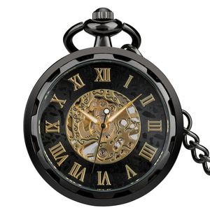 Steampunk-Uhr, Schwarz/Silber/Bronze, offenes Zifferblatt, für Herren, Handaufzug, mechanische Taschenuhren, römische Zahlenanzeige, Anhängerkette