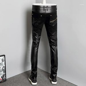 Calças masculinas 2023 Moda Splicice Men Motocicleta coreana Slim Fit Pu Leather Troushers Streetwear Casual Zipper Lápis Plus Size1