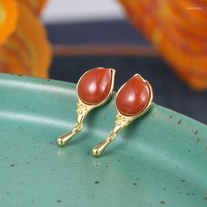 Studörhängen ES168 ZFSILVER 925 Silver Korean Fashion Trendy Hetian Jade South Red Agate Flower Tulips SMEEXKE Women Match-All Girls