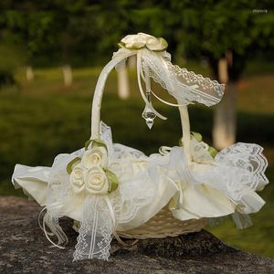 Gift Wrap Flower Girl Baskets For Weddings Stora bröllopsflickor Söta Royal With Lace Satin White Bow Decor