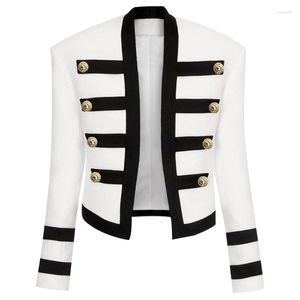 Women's Jackets S-XL High Quality 2023 Fashion Black And White Stitching Striped Metal Button Decoration Long-Sleeved Woman Jacket Coat