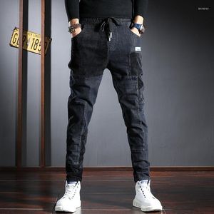 Men's Jeans Men's Autumn Corduroy Fashion Patchwork Denim Pants Korean Style Elastic Waist Regular Fit Trousers