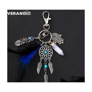 Anahtar halkalar rüya yakalayıcı anahtarlık mavi tüy püskül hamsa el kötü göz anahtarlama duvar araba asılı dekor amet boho mücevher damlası d dh84x