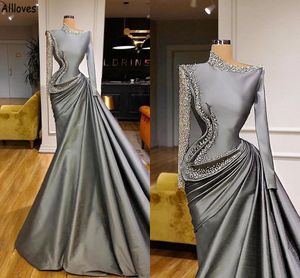 Sequined Asymmetry Neck Sier Evening Dresses for Women Dubai Arabic One Shoulder Sleeves Prom Party Gowns Formal Ruched Long Skirt Vestidos De Festa CL