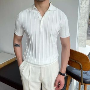 Men's Polos Spring Summer Knit Polo Shirt Men Casual Turn-down Collar Button Fashion Striped Solid Slim Tops Ice Silk Cotton T-shirt 230130