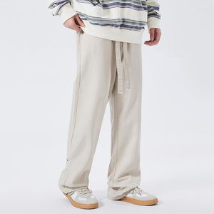 Herr jeans beige baggy män mode dragsko avslappnad rak japansk streetwear hip hop lossa denim byxor herr byxor