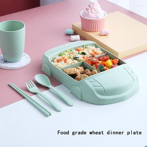 Plates 5 Pcs/4 Pcs Cartoon Children's Plate Cutlery Set Training Bowl Bamboo Fiber Fork Spoon Cup Chopsticks Tableware