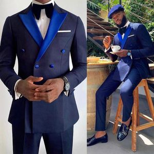 Men's Suits Handsome Men Royal Blue And Navy Custom Made Wedding Tuxedos 2 Pieces Double Breasted Party Prom Jacket Pant Sets