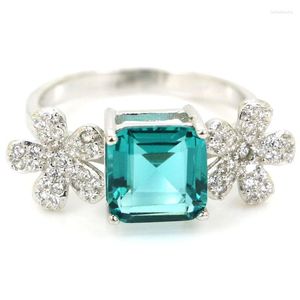 Cluster Rings 24x8mm Jazaz Lovely Square 3.1g Created Blue Aquamarine Violet Tanzanite CZ For Women 925 Solid Sterling Silver