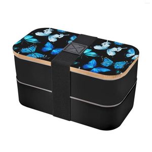 Geschirr-Sets 2023 Holzdeckel PP-Material Modischer Riemen Doppelschicht Lunchbox Messer Gabel Blauer Fantasy-Schmetterling