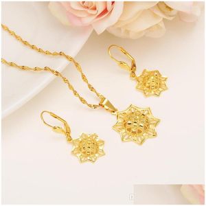 Earrings Necklace Ethiopian Real 24K Yellow Solid Fine Gold Gf Finish Set Jewelry Anise Pendant Chain African Bride Wedding Star B Dhodv