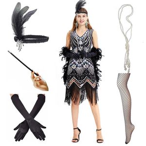 Vestidos casuais Flapper dos anos 1920 Great Gatsby Party Evening Ligins Ferzed GOWN COM ACESSÓRIOS 20S Conjunto 230130