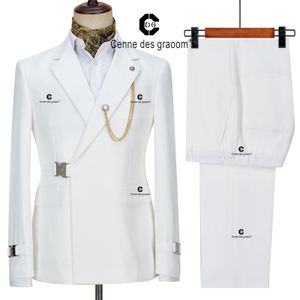 Men's Suits Blazers Cenne Des Graoom Summer White Blazer Jacket Pants Set Suits For Men Metal Side Release Buckle Wedding Party Prom Dress 230130