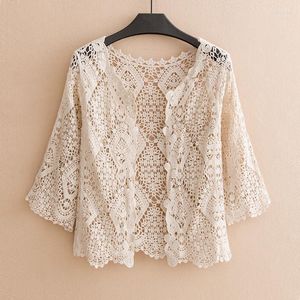 Women's Blouses Summer Cardigan Female Thin Three-quarter Sleeve Shawl With Solid Color Lace Vest Jacket Women Hollow Clothing