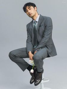 Men's Suits Men Set Single One Button Grey Stripe 2023 Autumn Slim Fit Normal Blazer Pant Wedding Groom Wear Businessman Daily Clothes