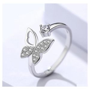 Band Rings Real Pure Sier Color Jewelry Zircon Butterfly Ring For Women Wedding Finger Open Anillos Anelli Drop Delivery Dhmnk