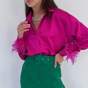 Kadın bluzları moda gündelik uzun kollu gömlek 2023 Sonbahar Gevşek Saten Kadınlar için Buz İpek Tüy Dikiş Tasarım Sense Kadın