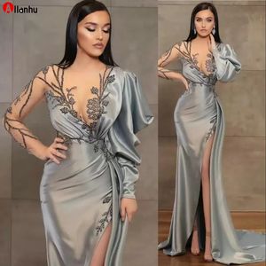 Silver Sheath Long Sleeves Evening Dresses Wear Illusion Crystal Beading High Side Split Floor Length Party Dress Prom Gowns Robes BC10758