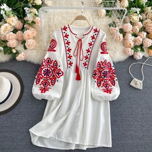 Bohemian Chic Flower Embroidery Lace Up Dress O-neck Elegant Femme Vestidos 2023 Fashion New Panelled Dresses Women 2023