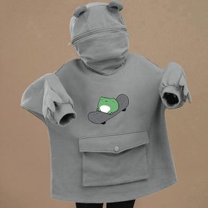 Damenjacken für Damen, große Damen, Cartoon-Druck, Reißverschluss, Mund, Kapuze, große Tasche, Teenager-Mädchen, Pullover, leichte Fleecejacke, Damen