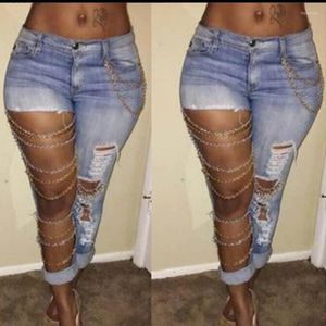 Calça feminina moda exagerou jeans big hole women 2023 cadeia de verão pendurada algodão esticado pés de algodão