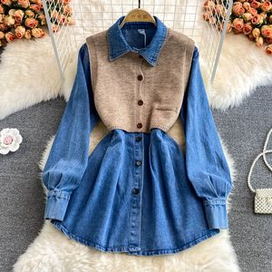 Long Sleeve Single Women's Knits Breasted Denim Blouses Women Blusas Mujer De Moda 2023 Autumn Winter New Shirt with Knit Vest