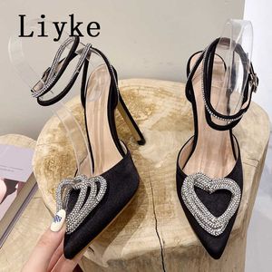 Spring Autumn Ladies Stiletto High Heels Sexy Crystal Heart Buckle Transparent Pumps Sandals Large 43 Women's Shoe Pink 0129