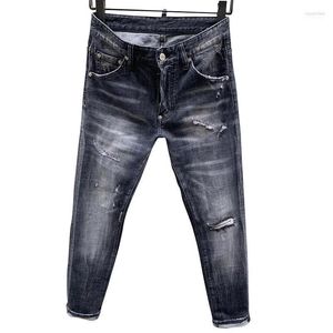 Men's Jeans Italian Frayed Washed Patched Painted Hip Hop Slim Fit Elastic Business Pants Original Single High Quality Naom22