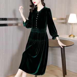 Casual Dresses Solid Black Woman Velvet Dress Winter Stand Collar Ladies ALine Thick Slim Knee Dres Office Lady 230130