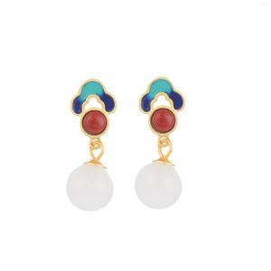 Серьги-герметики ES155ZFSILVER 925 Серебряная корейская мода Hetian Jade South Red Agate Cloud Dangle Ball Jewelry Women Match-All Girl Gift