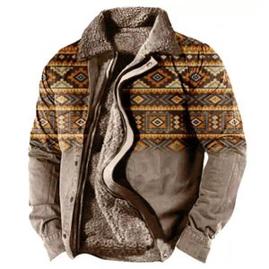 Männer Jacken Männer Fleece Trucker Jacke Baumwolle Revers Kragen Tops Winter Warme Futter Mantel Verdicken Strickjacke Vintage Print Oberbekleidung A50 230130