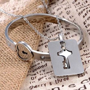 Necklace Earrings Set Stainless Steel Love Heart Lock Bangle Bracelet And Key Pendant