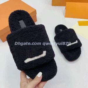 Qwertyui879 2023 Kvinnor Plush tofflor fluffiga kashmir tofflor lyx varumärke designer skor varm inomhus flip flops mode anti slip platt komfort 013023h