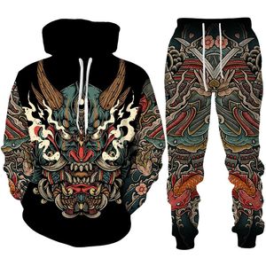 Męskie dresy męskie fajne japońskie samurai 3D print męski bluza/set harajuku hip hop streetwear garnitur moda moda z kapturem pulloverpants garnitur 230130