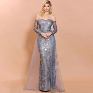 Casual Dresses Women Spring Sexy Strapless Off Shoulder Long Sleeve Backless Sparkly Sequins Gauze Luxury Maxi Evening Party Dress Sliver