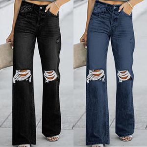 Women's Jeans Streetwear Long Pants Denim For Women Plus Size Pocket High Waist Holes Trousers Daily Life