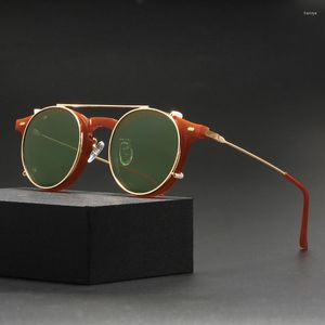 Sunglasses Frames Retro Round Clip On Sun Glasses Woman Party Steampunk Polarized Man TR90 Green Driver Shade Double Layer Removable