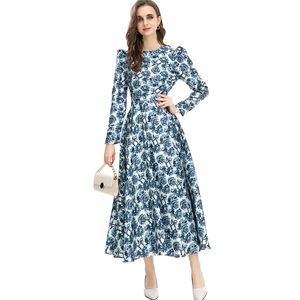 Women's Runway Dresses O Neck Long Puff Sleeves Printed Elegant Fashion High Street Vestidos