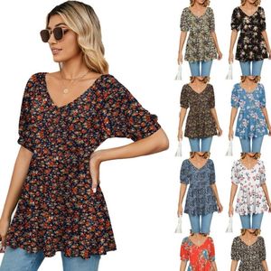 Casual Dresses Womens Puff Short Sleeve T-shirt V-Neck Pleated Ruffle Hem Tunic Top Vintage Floral Printed Loose Peplum Blus